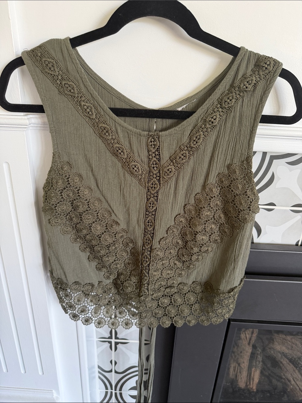 Olive Green Crochet-Trim Tank Top tie back